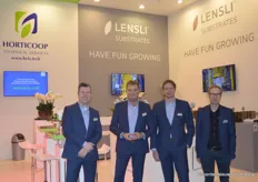 New in this picture: Lensli, the new company name of former Lentse & Slingerland Potgrond. Also new, the website of Horticoop Technical Services (just do a quick Google-search). From left to right: Reinier van Zanten, Tom Zwijsen and Marcel Weinans with Horticoop and Gregor Kloeger with Lensli.